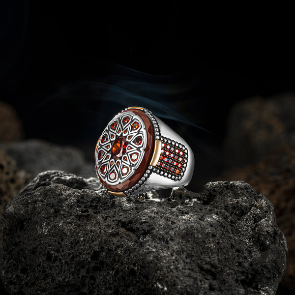 Red Agate Rim Around Red Zircons in Special Design Silver Men’s Ring Siding Small Circles of Red Zircons
