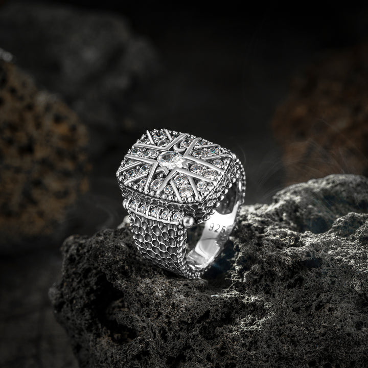 THE SNOWY OWL - Shiny Shield Shaped Silver Man Ring with Bright White Zircon Stones