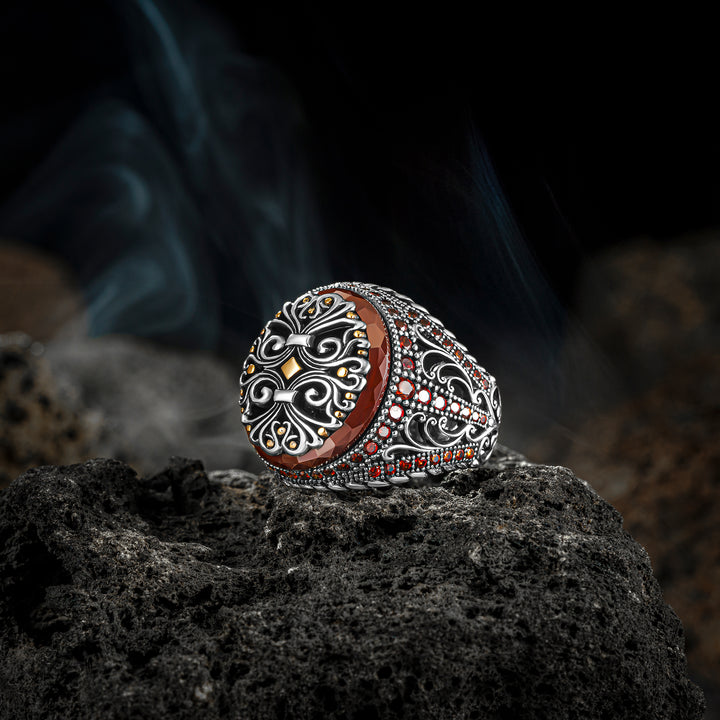 THE SWAMP HARRIER - Hand Crafted  Premium Quality Silver Man Ring with Circle Red Agate Stone Red Zircons and Special Motif