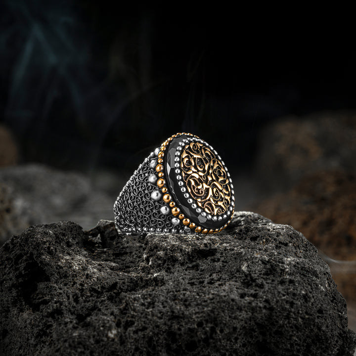 THE BURROWING OWL - Hand Crafted  Premium Quality Silver Man Ring with Ellipse Black Onyx Stone and Motif