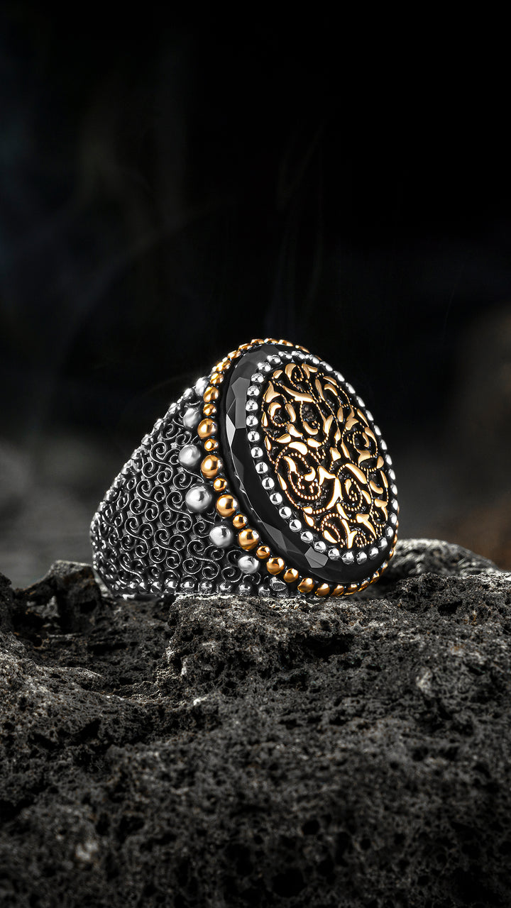 THE BURROWING OWL - Hand Crafted  Premium Quality Silver Man Ring with Ellipse Black Onyx Stone and Motif