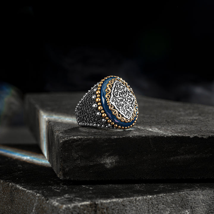 Ellipse blue tiger eye stone special design silver man ring