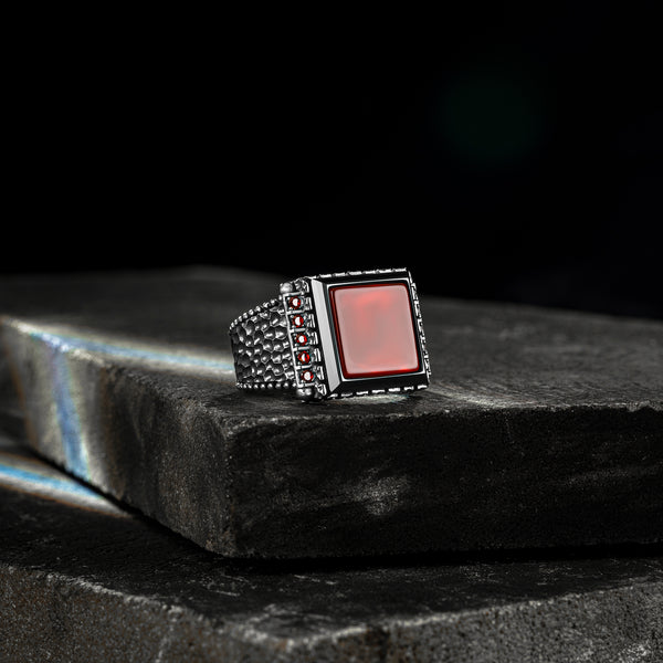 THE RED KITE - Premium Quality Hand Crafted Red Agate Square Silver Man Ring