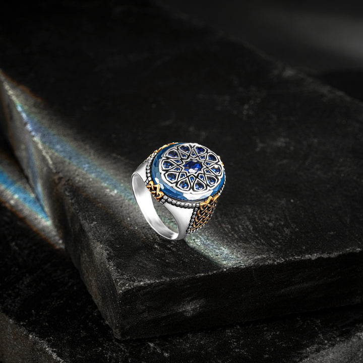 THE OSPREY -  Premium Quality Hand Crafted Silver Man Ring with Ellipse Blue Agate Stone and Blue Zircons