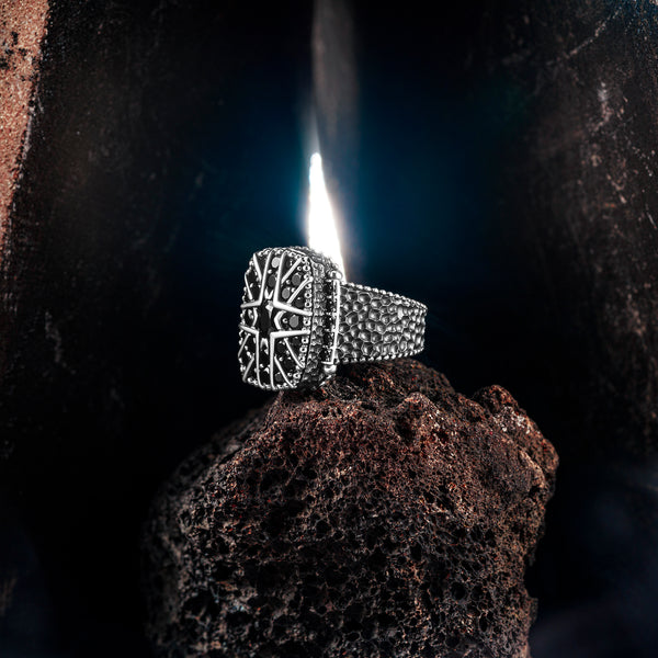 THE BARRED OWL - Premium Quality Hand Crafted Silver Man Ring Rectangle Shape Black Zircon Stones