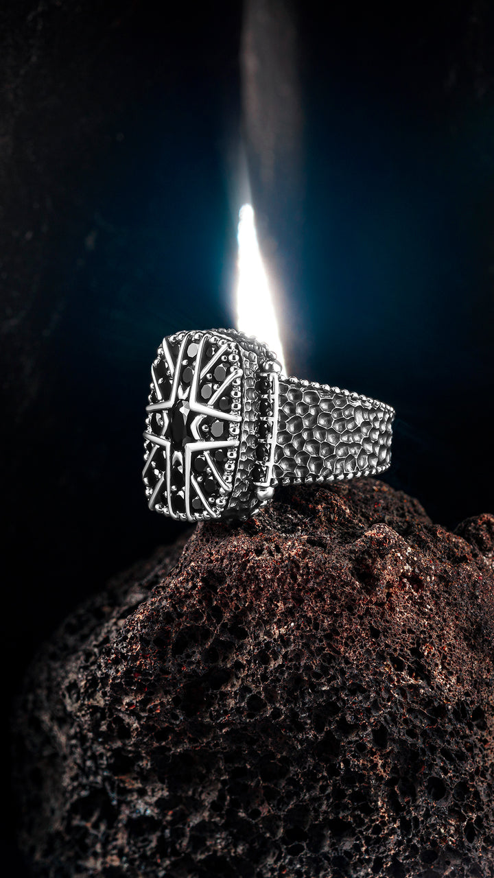 THE BARRED OWL - Premium Quality Hand Crafted Silver Man Ring Rectangle Shape Black Zircon Stones
