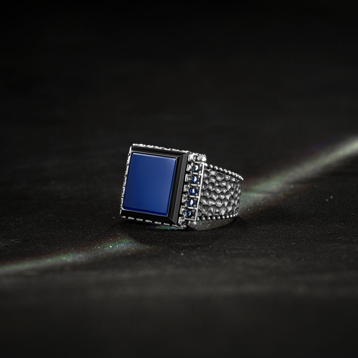 THE HARPY EAGLE - Handcrafted Premium Quality Silver Ring with Square Blue Agate and Onyx Stone and Blue Zircons