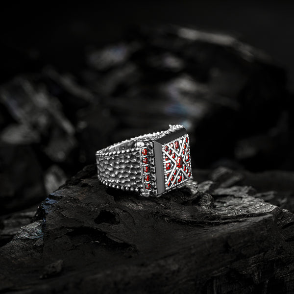 THE RED FOOTED FALCON - Premium Quality Handcrafted Silver Ring Square Shape and Red Zircons