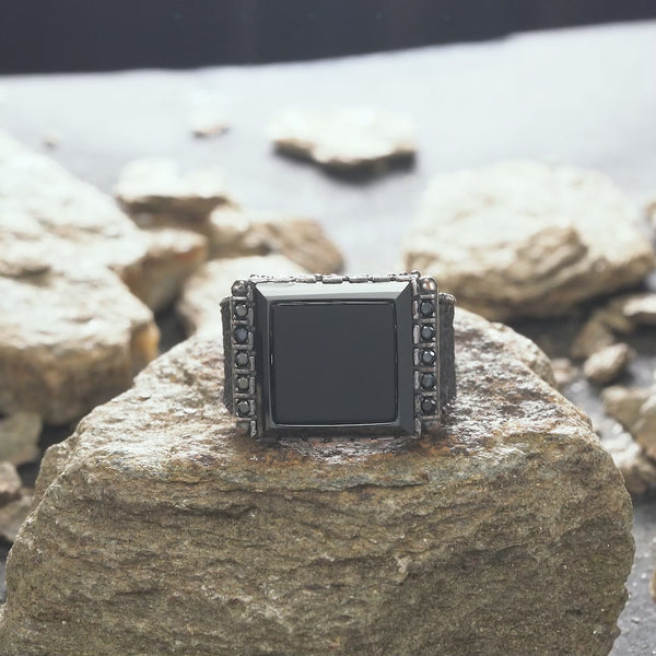 THE SHIKRA - Hand Crafted  Premium Quality Silver Man Ring with Square Black Onyx Stone and Zircons