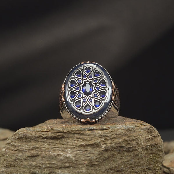 THE OSPREY -  Premium Quality Hand Crafted Silver Man Ring with Ellipse Blue Agate Stone and Blue Zircons