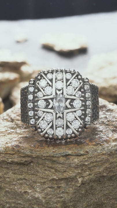THE SNOWY OWL - Shiny Shield Shaped Silver Man Ring with Bright White Zircon Stones
