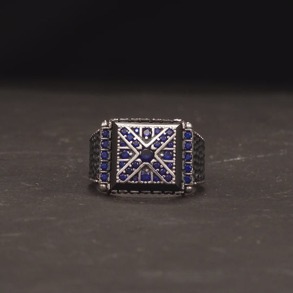 Stylish & Unique Design Square Silver Men's Ring with Blue Zircon Stones