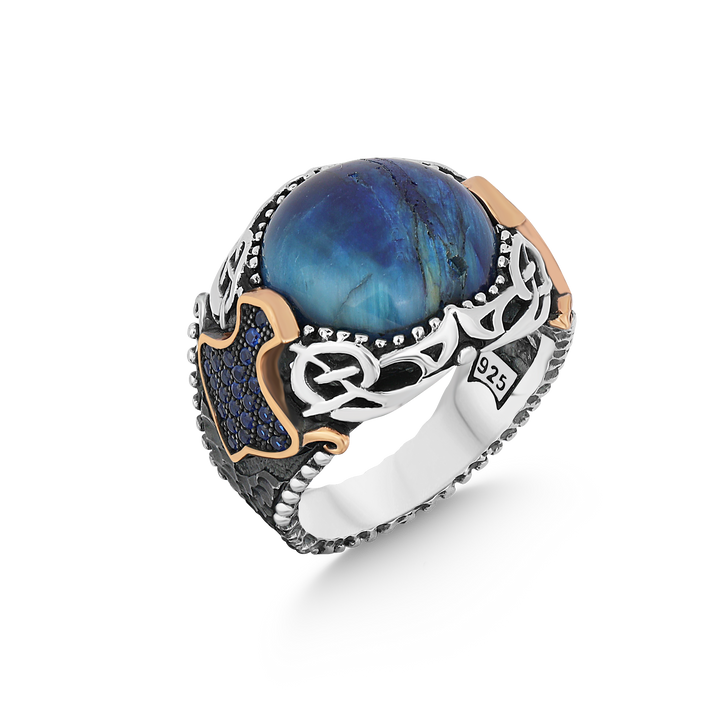 Blue Tiger Eye Stone Silver Men's Ring with Small Blue Zircons Circled Gold Line on Sides