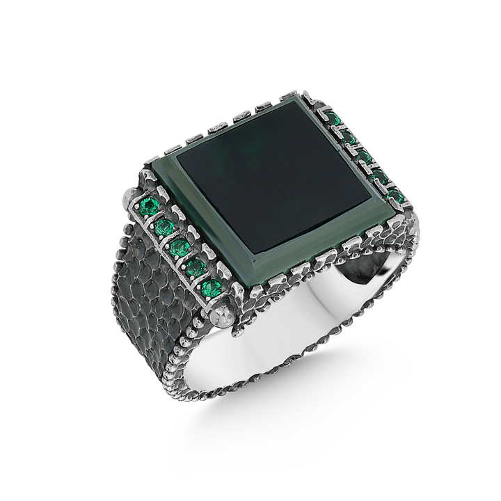Green agate square stone silver ring  with green zircone stones on two sides 