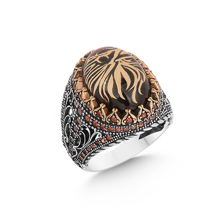 Enameled Onyx Stone Silver Men's Ring with Eagle Symbol has engraved  design and small stones on sides 