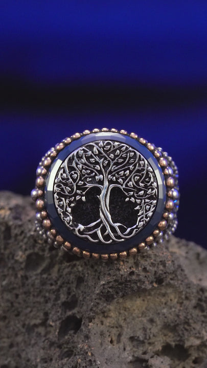 Silver Man Ring,Blue,Tree Symbol, Siding Pattern