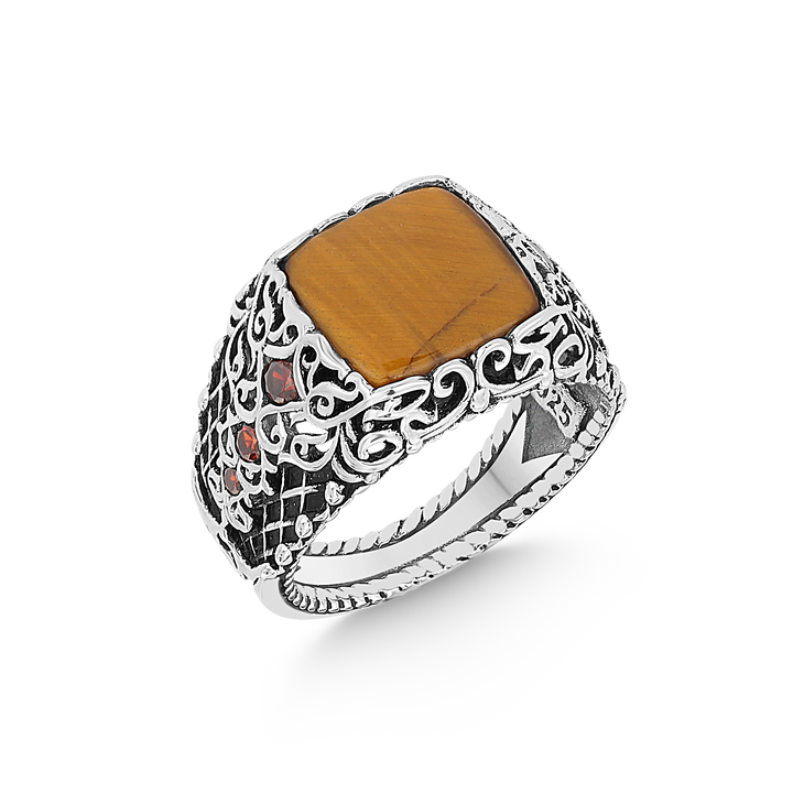 Square Tiger eye stone ring with small red  zircon stones on inlaid sides  