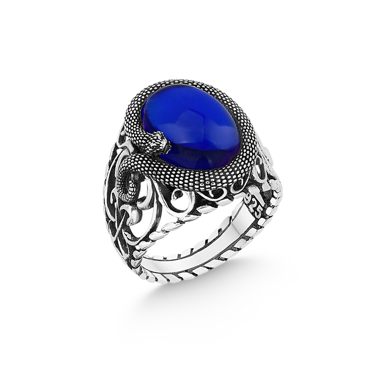 Blue Tiger Eye Stone Circled Snake Symbol Silver Men's Ring with Engraving design on sides 