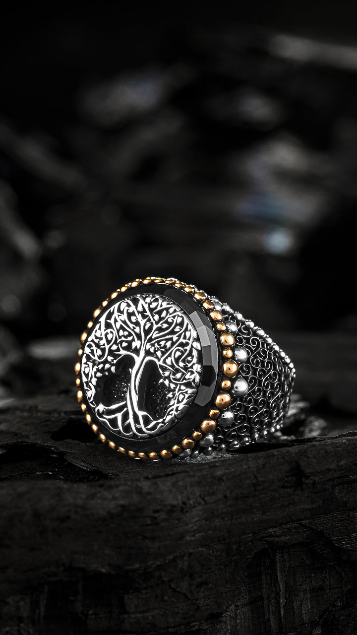 Tree symbol, Circle, Silver Ring, Black Onyx Stone, Spheres, Black Side Pattern