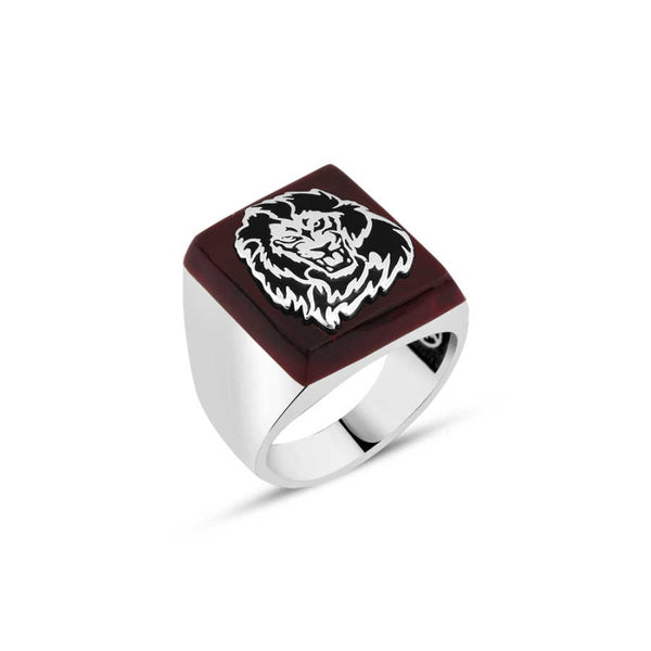 Agate Stone Men's Ring with Lion Symbol