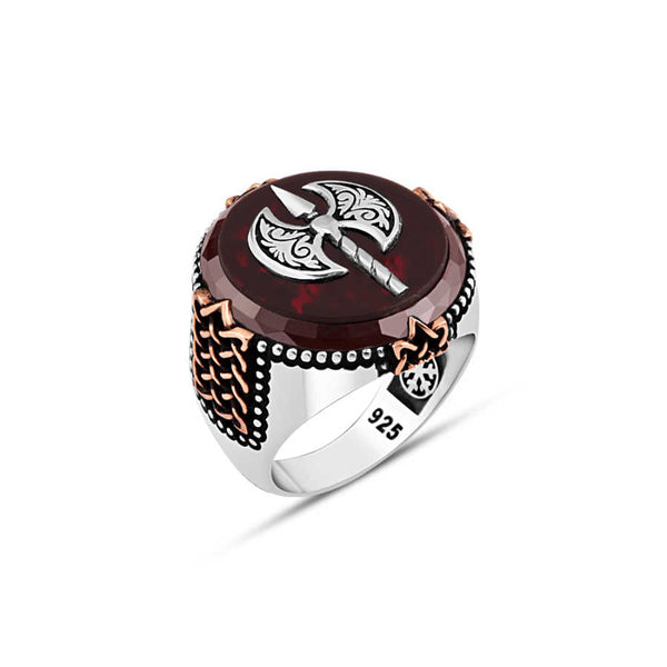 Agate Stone Double Headed Axe Men's Ring