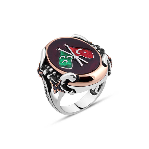 Agate Ottoman and Turkish Flag Side Swords Men's Ring