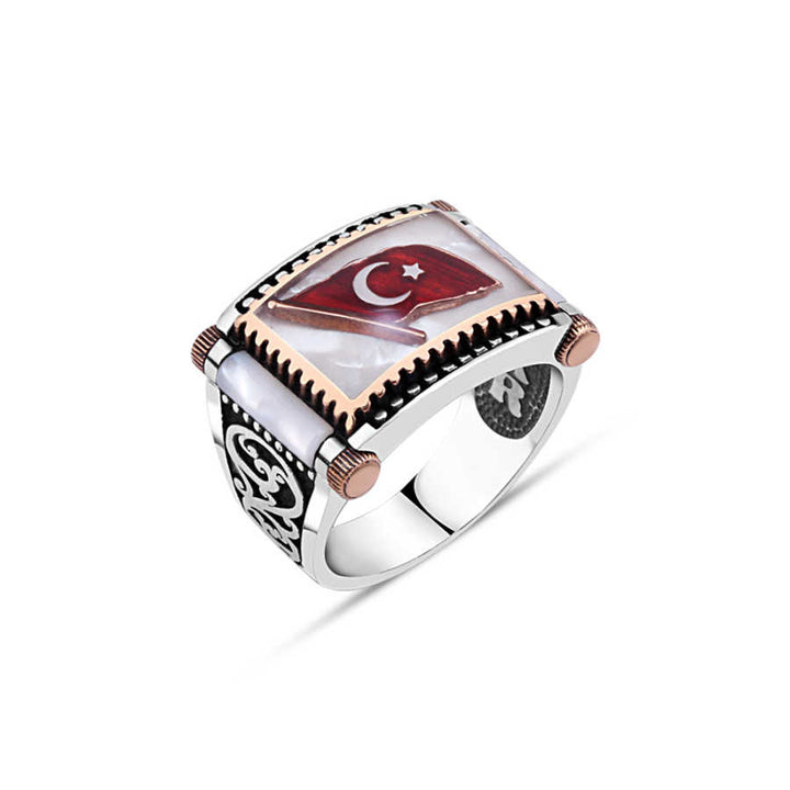 White Enamel with Flag Sides Mother of Pearl Men's Ring