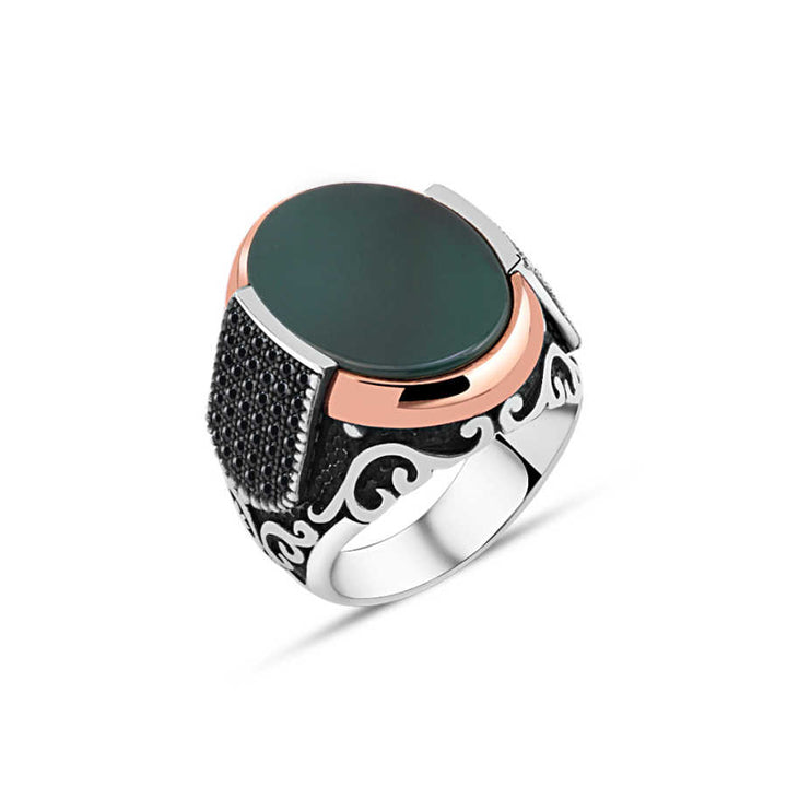 Plain Green Agate Stone Edges Tiny Black Zircon Stone Men's Ring