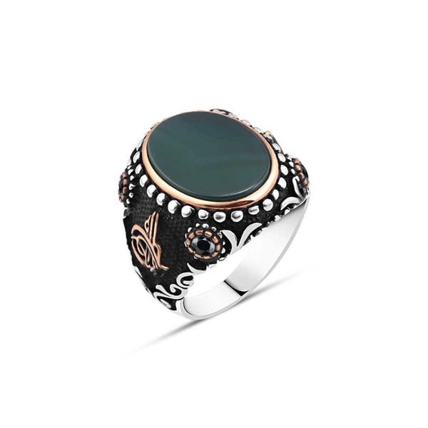 Plain Green Agate Stone Men's Ring
