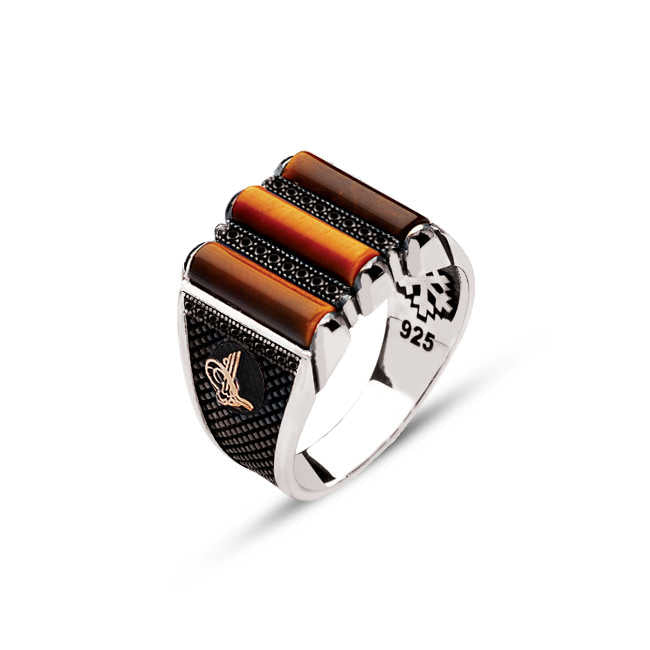 Sterling Silver 3 Pieces Tiger Eye Stone Edged Ring