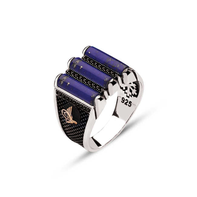 Silver 3-Piece Squeeze Lapis Stone Edged Ring with Tughra