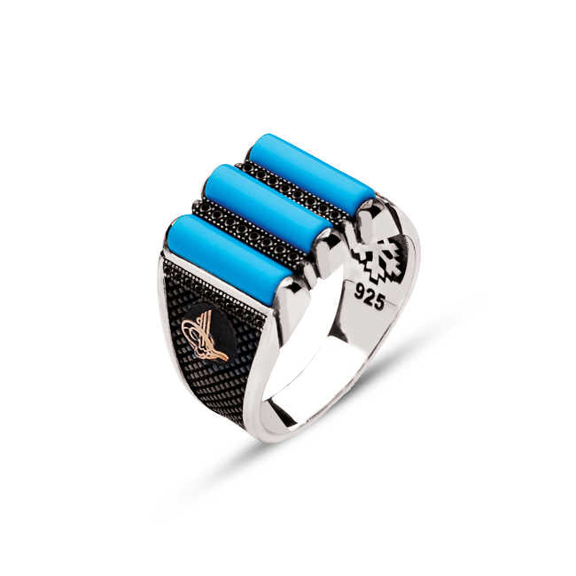 Silver 3-Piece Tightened Turquoise Stone Edged Ring