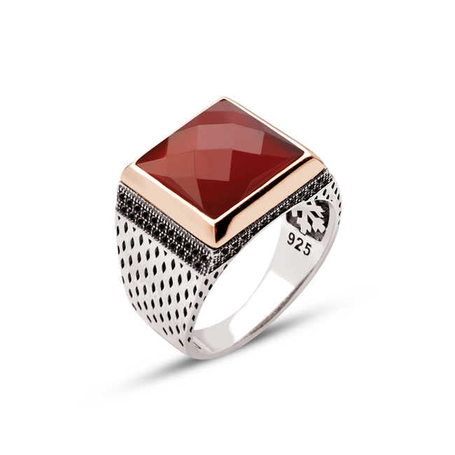 Silver Agate Facet Stone Sided Zircon Ornament Square Model Ring