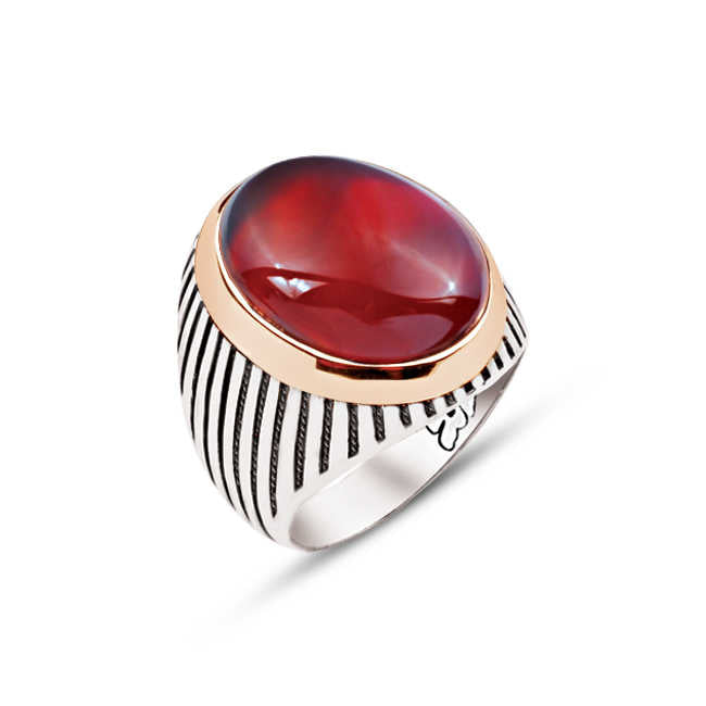 Silver Agate Hooded Stone Striped Case Men's Ring