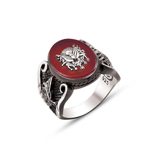 Silver Agate Stone Top with Armaged Edges Ottoman Coat of Arms and Ottoman Tughra Ring
