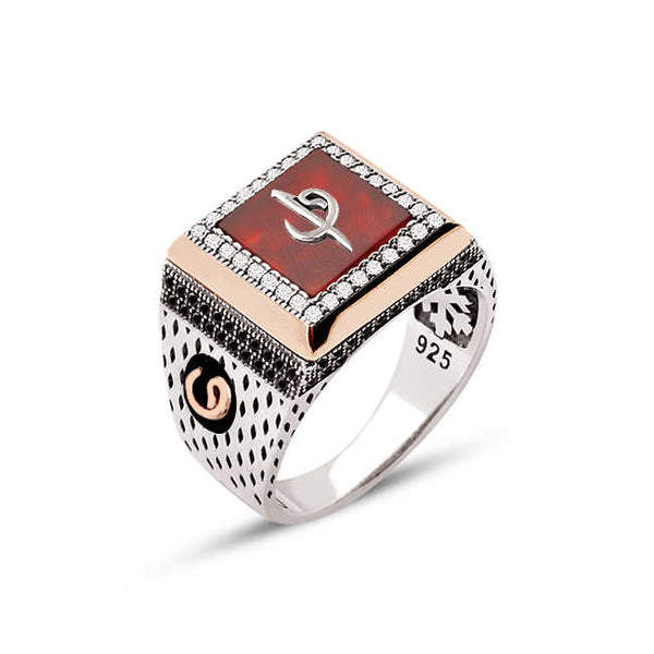 Silver Agate on Stone Elif Vav Themed Zircon Decorated Square Pattern Ring With Vav Edges