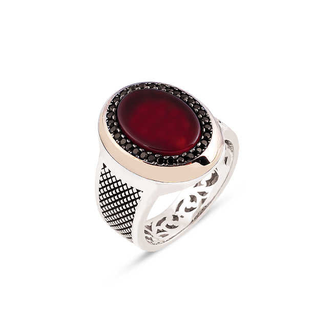 Silver Agate Stone Men's Ring With Zircon Decoration