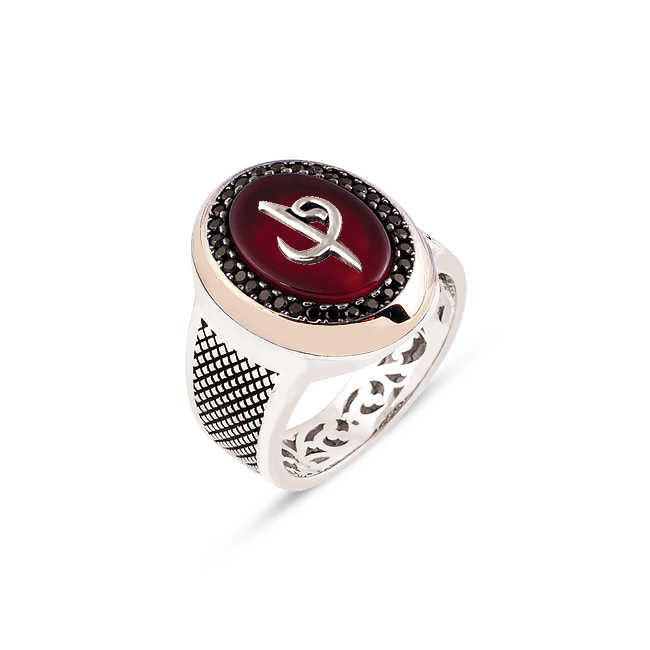 Silver Agate Stone Top Elif Vav Themed Ring With Zircon Ornament Around