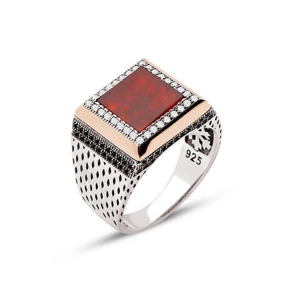 Sterling Silver Agate Stone Sides White Zircon Ornament Square Model Male Ring