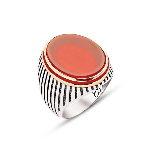 Silver Agate Stone Enameled Sides Striped Case Men's Ring
