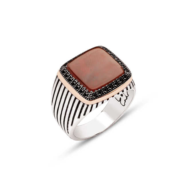 Silver Agate Stone Black Zircon Stone Decorated Striped Cased Ring