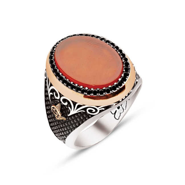 Sterling Silver Agate Stone Zircon Ornamented Side Tughra Engraved Men's Ring