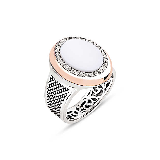 Silver White Onyx Stone Ring with Zircon Ornament