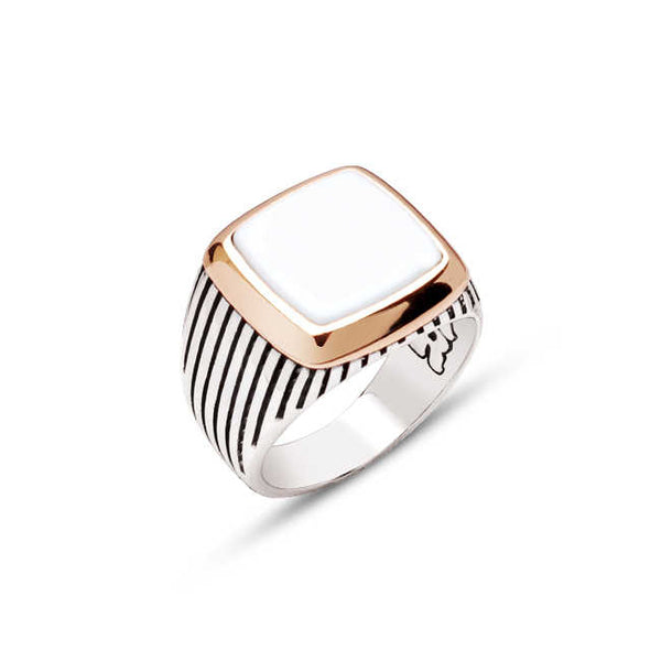 Silver and White Onyx Stone Striped Ring