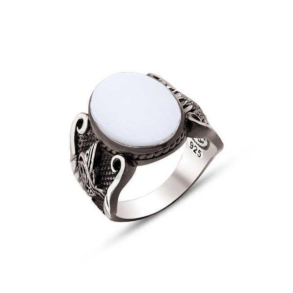 Silver White Onyx Stone Edged Ring with Ottoman Coat of Arms and Ottoman Tughra
