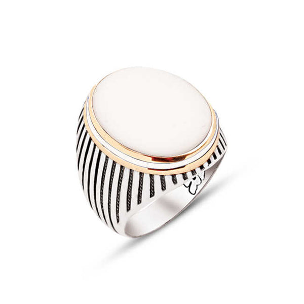 Silver and White Onyx Stones and Enamel Decorated Sides Striped Case Men's Ring