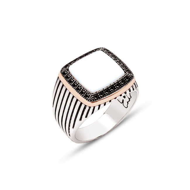 Silver White Onyx Stone Black Zircon Stone Ornament Striped Cased Ring