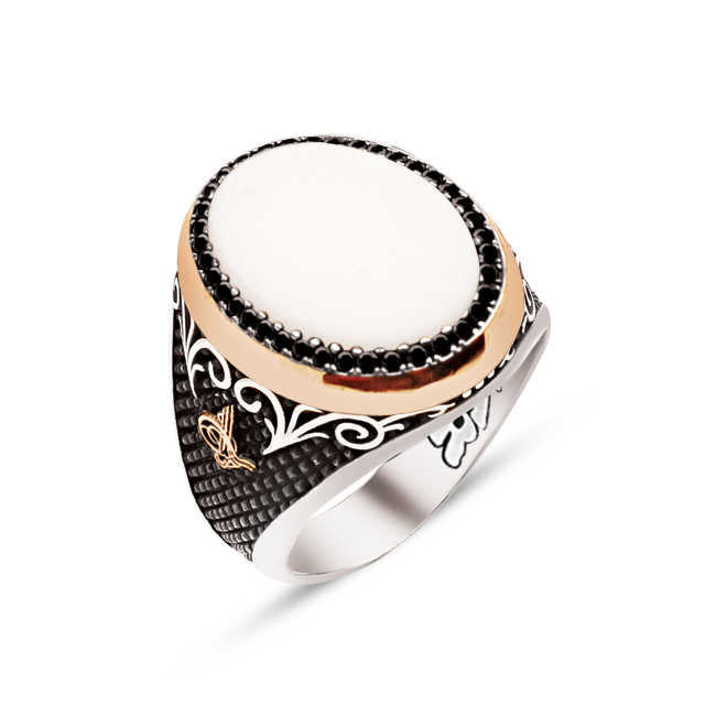 Sterling Silver White Onyx Stone Zircon Ornamented Side Tughra Engraved Men's Ring