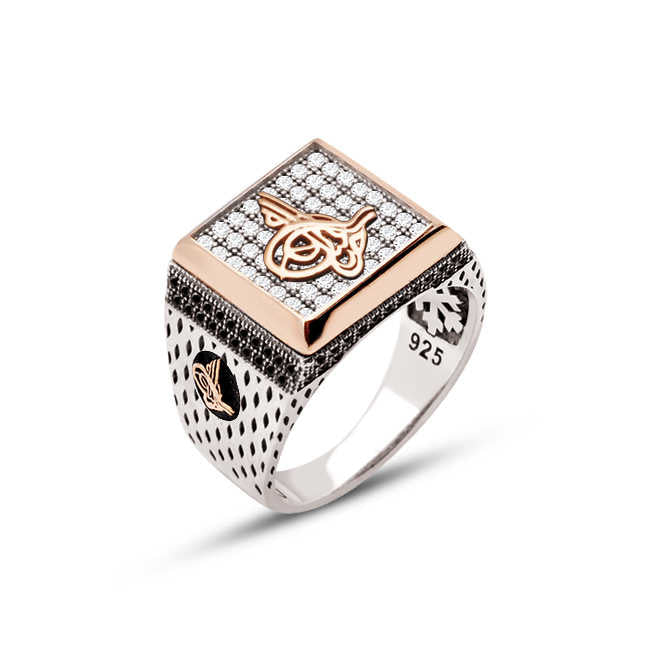 Square Model Ring With Tughra On The Sides Of Silver White Zircon Stone