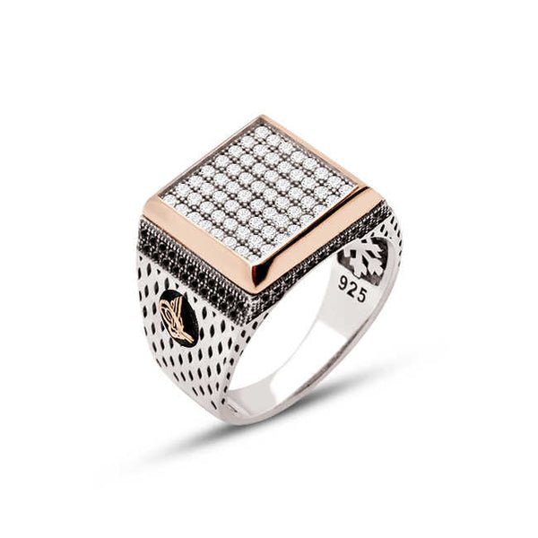Silver White Zircon Stone Square Ring with Tughra